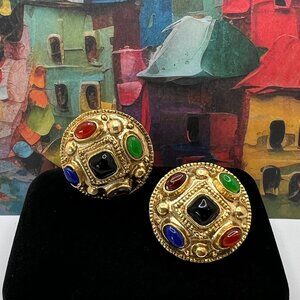 Etruscan Multi Color Glass Cabochon CLIP Earrings